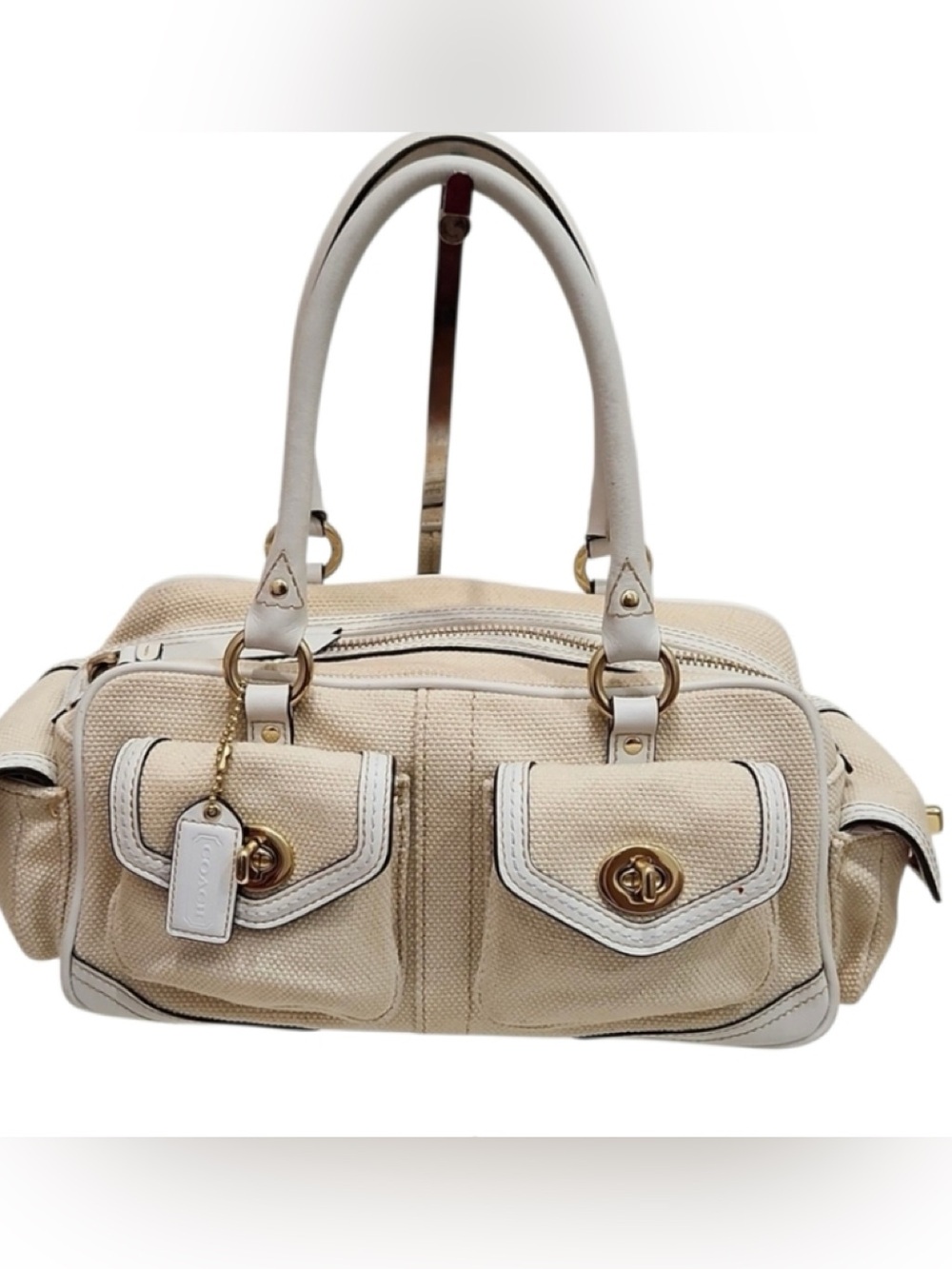 Coach Cream Legacy Canvas Satchel with White Trim and Gold Hardware small